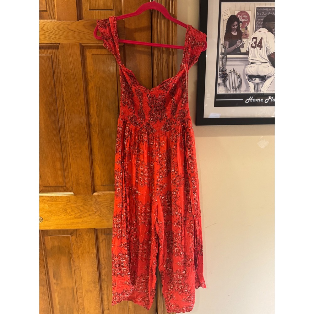 Rebellion One Red Paisley Wide Leg Jumpsuit XL Boho Festival Smocked Romper - Picture 2 of 12